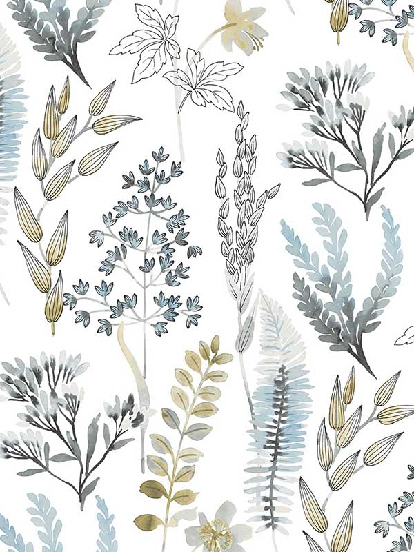 Wild Garden Peel and Stick wallpaper in glacier blue and matte brass color - pattern number NW45404 - by NextWall in the Peel and Stick Wallpaper by Nextwall collection