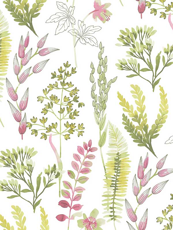 Wild Garden Peel and Stick wallpaper in lemongrass and posy pink color - pattern number NW45407 - by NextWall in the Peel and Stick Wallpaper by Nextwall collection