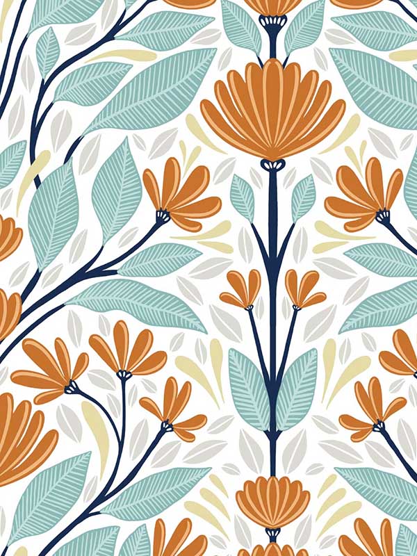 Folk Floral Peel and Stick fabric in verdigris and orange color - pattern number NW47101 - by NextWall in the Peel and Stick Wallpaper by Nextwall collection