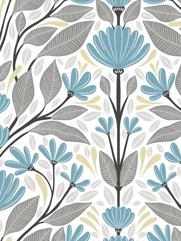 Folk Floral Peel and Stick wallpaper in blue patina and wheat color - pattern number NW47104 - by NextWall in the Peel and Stick Wallpaper by Nextwall collection