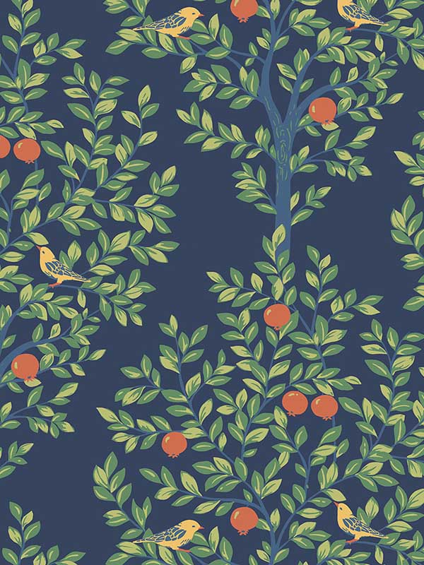Fruit Tree Peel and Stick wallpaper in navy blue and greenery color - pattern number NW48102 - by NextWall in the Peel and Stick Wallpaper by Nextwall collection