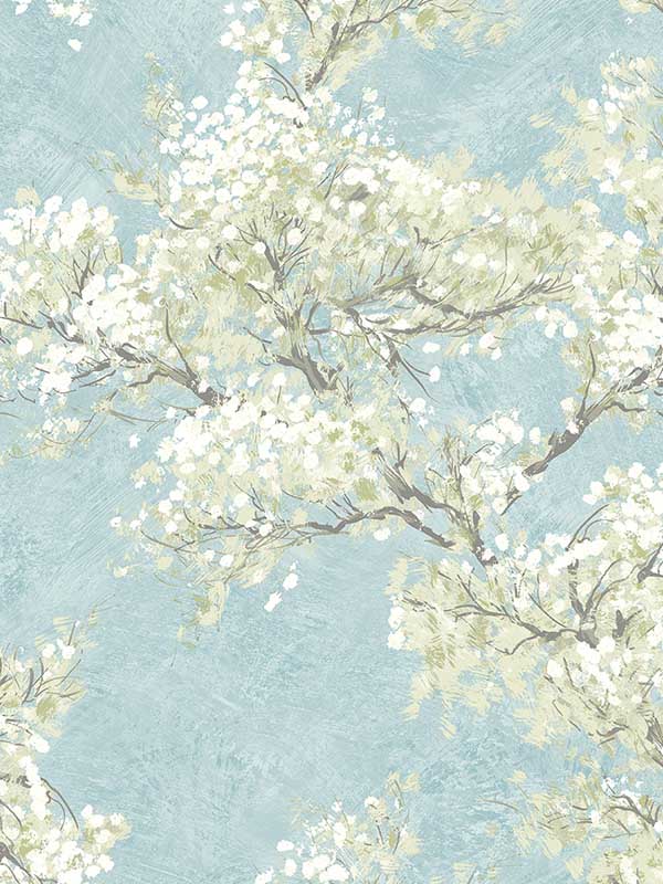 Cherry Blossom Grove Peel and Stick fabric in blue mist and green tea color - pattern number NW50102 - by NextWall in the Peel and Stick Wallpaper by Nextwall collection