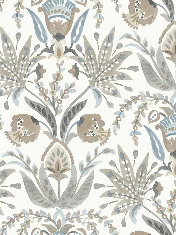 Seaside Jacobean wallpaper in taupe and blue color - pattern number MN1915 - by York in the Inspired by Color Beige and Neutrals collection