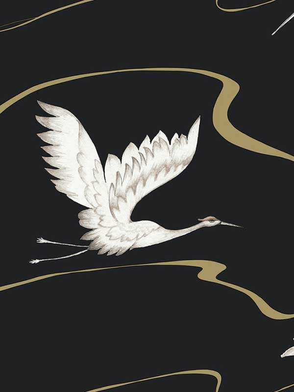 Soaring Cranes fabric in black and gold color - pattern number BW3871 - by York in the Inspired by Color Black and White III collection