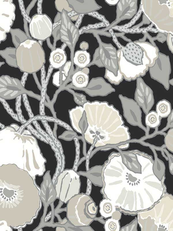 Vincent Poppies fabric in black and cream color - pattern number BW3981 - by York in the Inspired by Color Black and White III collection