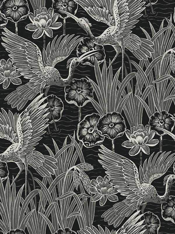 Marsh Cranes fabric in midnight color - pattern number EW11000 - by Seabrook in the White Heron collection