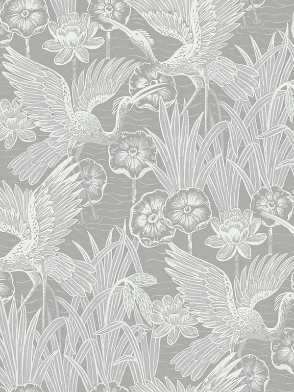 Marsh Cranes fabric in anew grey color - pattern number EW11008 - by Seabrook in the White Heron collection