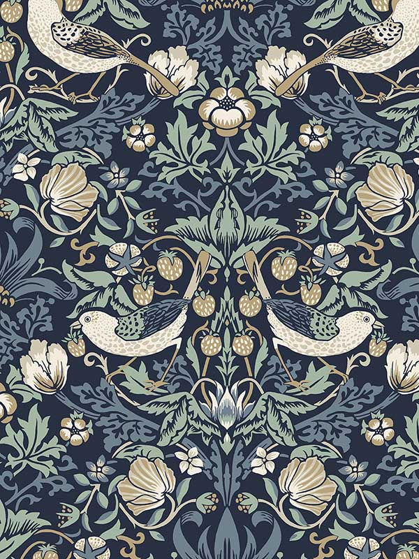 Fragaria Garden fabric in navy blue and aloe color - pattern number ET11212 - by Seabrook in the Legacy Prints collection