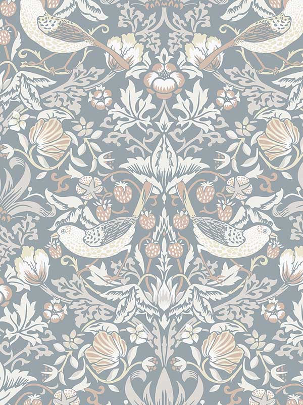 Fragaria Garden fabric in blue mist and blush color - pattern number ET11222 - by Seabrook in the Legacy Prints collection