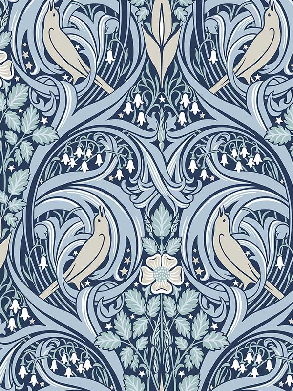 Bird Scroll fabric in denim and blue mist color - pattern number ET12202 - by Seabrook in the Legacy Prints collection