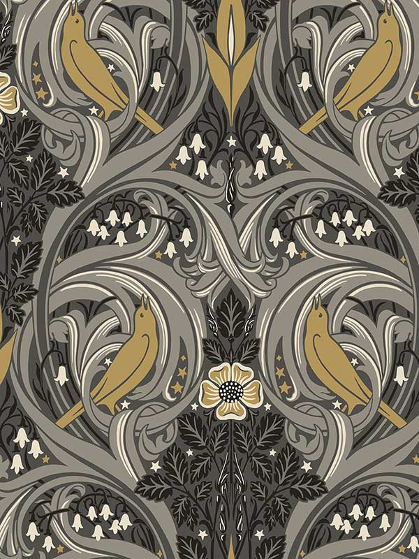 Bird Scroll fabric in charcoal and goldenrod color - pattern number ET12208 - by Seabrook in the Legacy Prints collection