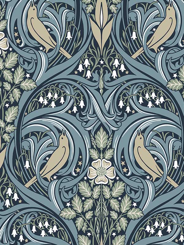 Bird Scroll fabric in navy and beige color - pattern number ET12212 - by Seabrook in the Legacy Prints collection