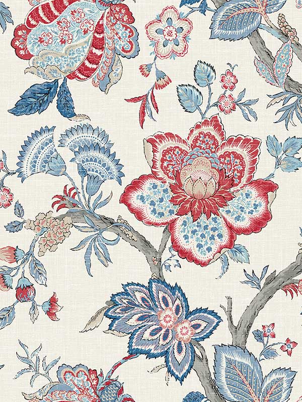 Bernadette Jacobean fabric in french blue and antique ruby color - pattern number FC60401 - by Seabrook in the French Country collection