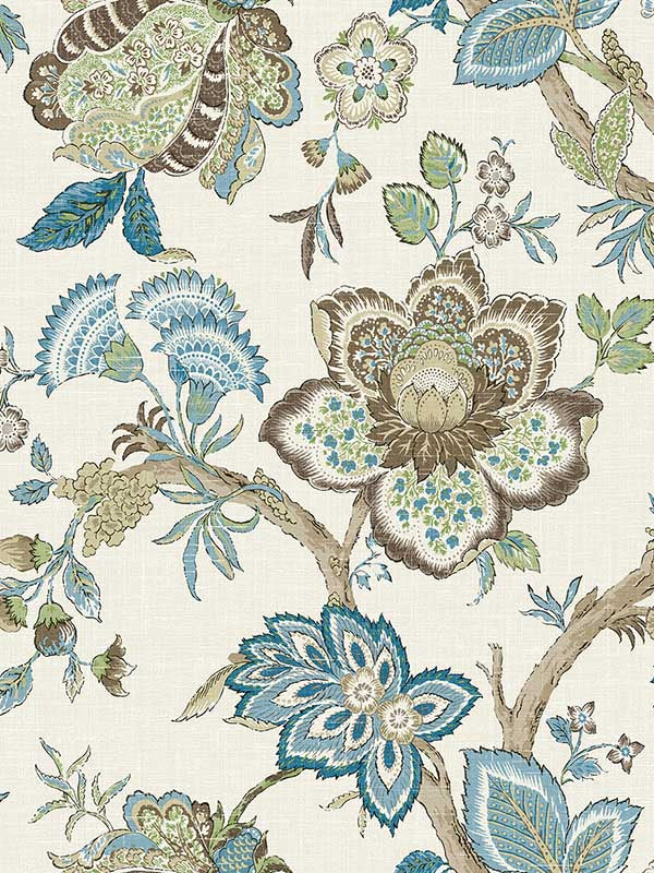 Bernadette Jacobean fabric in hickory smoke and blue bell color - pattern number FC60406 - by Seabrook in the French Country collection