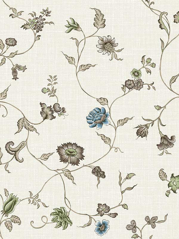 Florale Trail fabric in greige and blue bell color - pattern number FC61006 - by Seabrook in the French Country collection