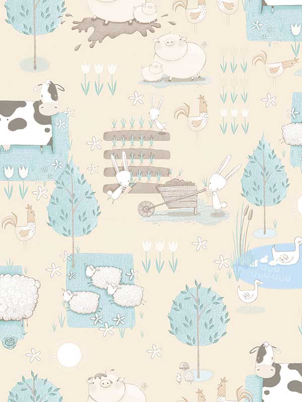 Farmland fabric in beige turquoise color - pattern number G78374 - by Galerie in the Tiny Tots 2 collection