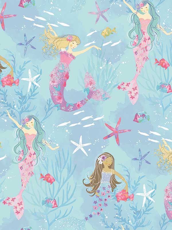 Mermaids fabric in turquoise hot pink glitter color - pattern number G78392 - by Galerie in the Tiny Tots 2 collection