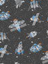 Spaceships fabric in black blue orange glitter color - pattern number G78410 - by Galerie in the Tiny Tots 2 collection