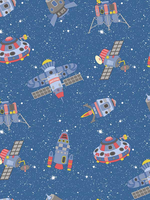 Spaceships fabric in cobalt primary glitter color - pattern number G78411 - by Galerie in the Tiny Tots 2 collection