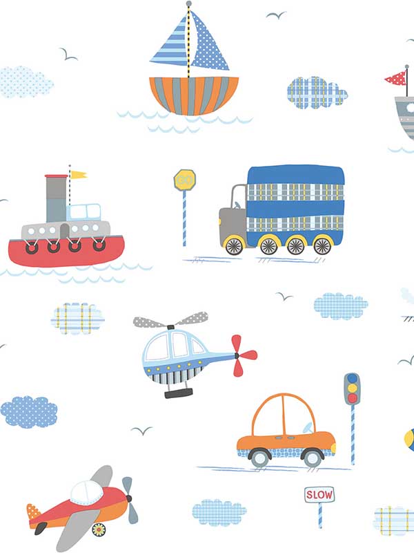 Transportation fabric in blue orange red color - pattern number G78415 - by Galerie in the Tiny Tots 2 collection