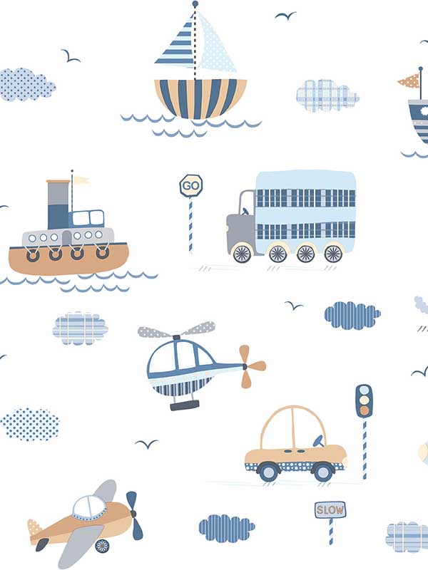 Transportation fabric in brown sky blue navy color - pattern number G78416 - by Galerie in the Tiny Tots 2 collection