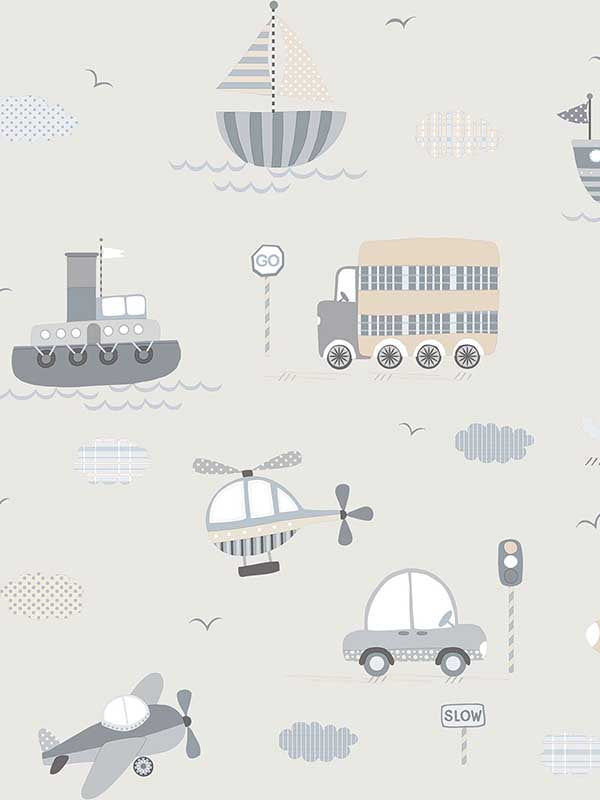 Transportation fabric in greige tan color - pattern number G78417 - by Galerie in the Tiny Tots 2 collection