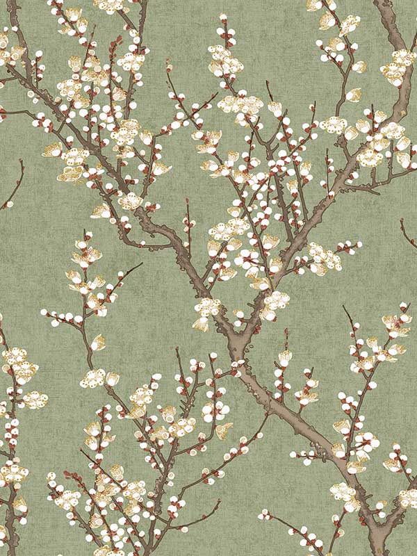 Sakura Tree fabric in green color - pattern number 19034 - by Galerie in the Spring Blossom collection