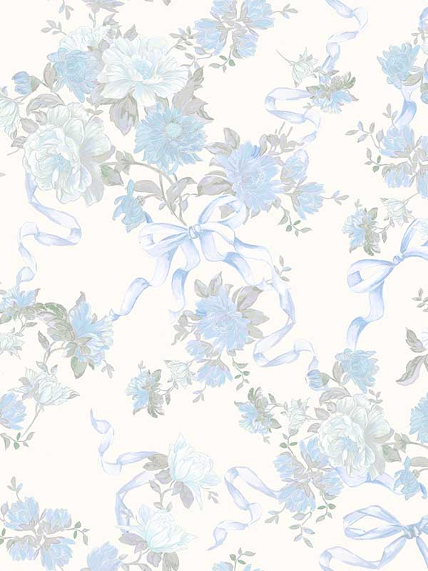 Cabbage Rose Bow Ribbons and Roses fabric in dusty river blue color - pattern number AST4654 - by A Street Prints in the Love Shack Fancy collection