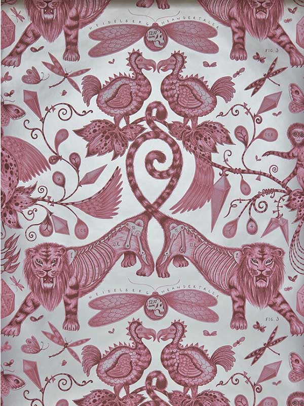 Extinct wallpaper in magenta color - pattern number W0100/03.CAC.0 - by Clarke and Clarke in the Animalia by Emma J Shipley collection