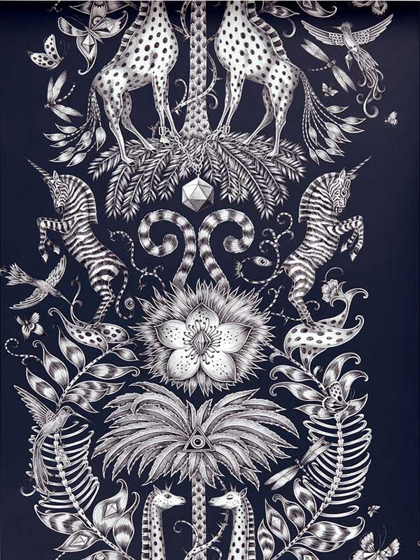 Kruger fabric in navy color - pattern number W0102/06.CAC.0 - by Clarke and Clarke in the Animalia by Emma J Shipley collection