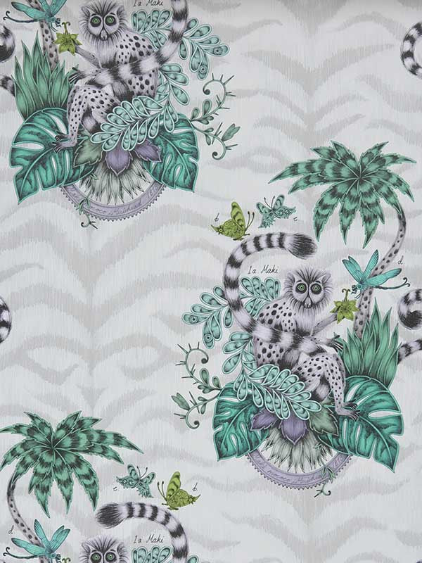 Lemur wallpaper in jungle color - pattern number W0103/01.CAC.0 - by Clarke and Clarke in the Animalia by Emma J Shipley collection