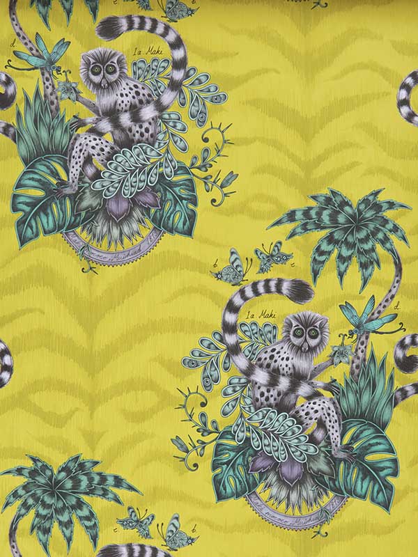 Lemur wallpaper in lime color - pattern number W0103/02.CAC.0 - by Clarke and Clarke in the Animalia by Emma J Shipley collection