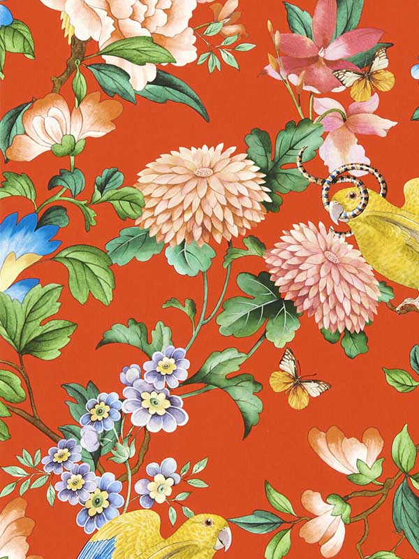 Golden Parrot fabric in coral color - pattern number W0130/01.CAC.0 - by Clarke and Clarke in the Botanical Wonders collection