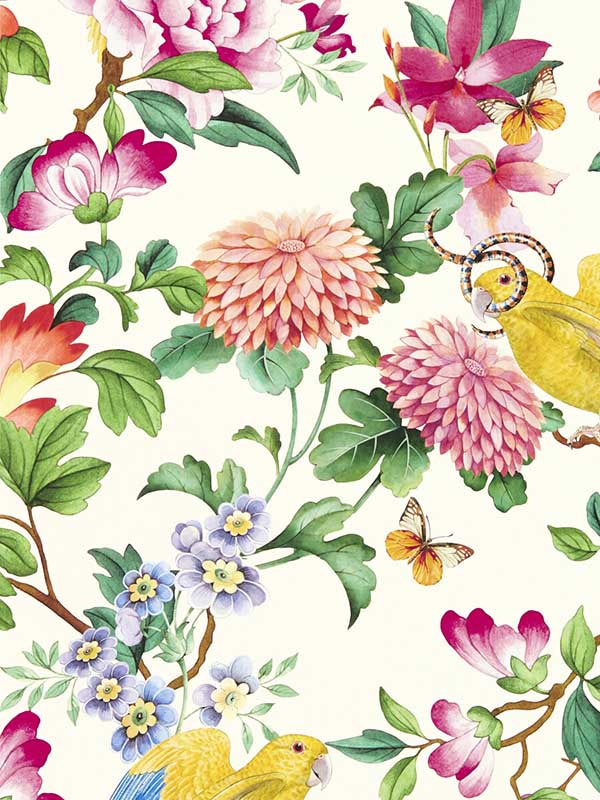Golden Parrot fabric in ivory color - pattern number W0130/02.CAC.0 - by Clarke and Clarke in the Botanical Wonders collection