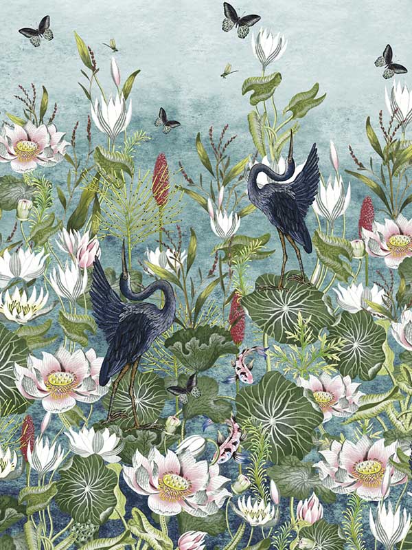 Waterlily Banner fabric in marine color - pattern number W0138/01.CAC.0 - by Clarke and Clarke in the Botanical Wonders collection