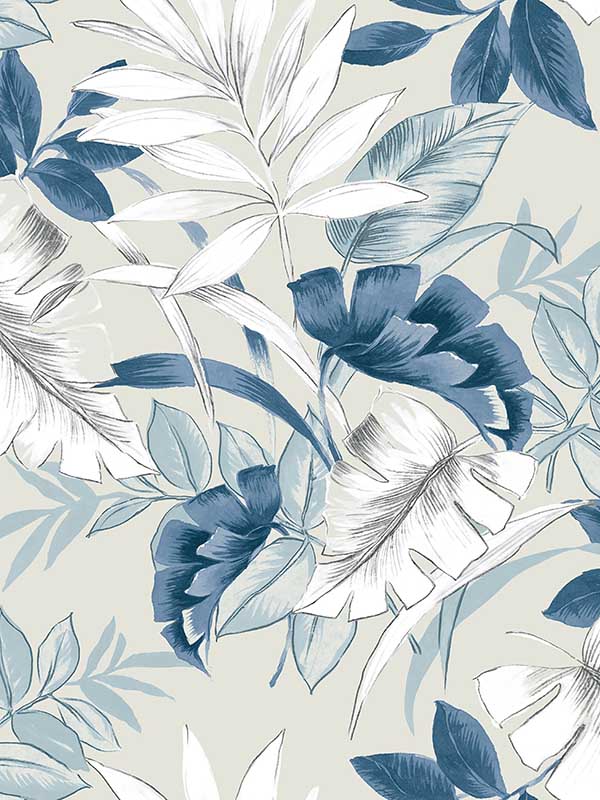 Tropical Leaves Peel and Stick fabric in blue lagoon color - pattern number RM22402 - by Casa Mia in the Peel and Stick Wallpaper by Casa Mia collection