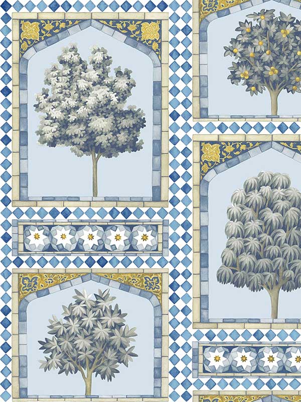 Sultans Palace wallpaper in china blue and ochre color - pattern number 113/10029.CS.0 - by Cole and Son in the Martyn Lawrence Bullard collection