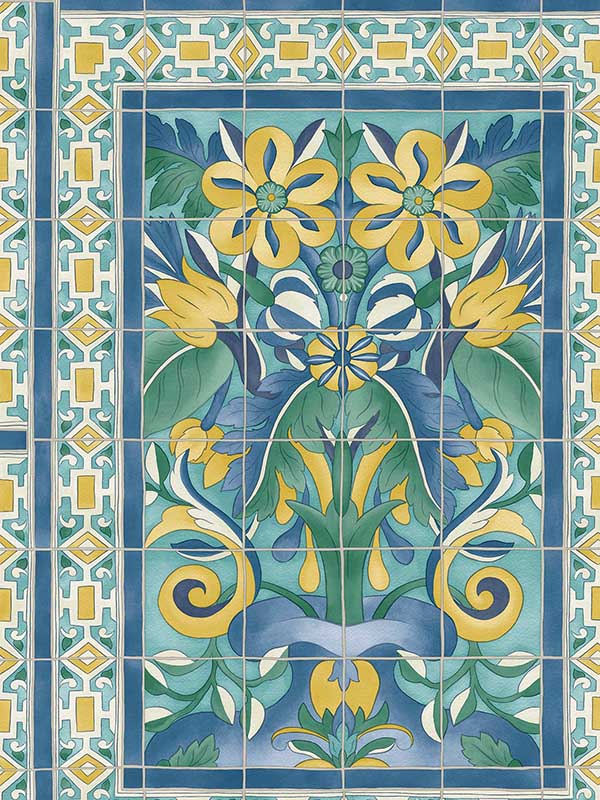Triana fabric in canary yellow and china blue on teal color - pattern number 117/5013.CS.0 - by Cole and Son in the Seville collection