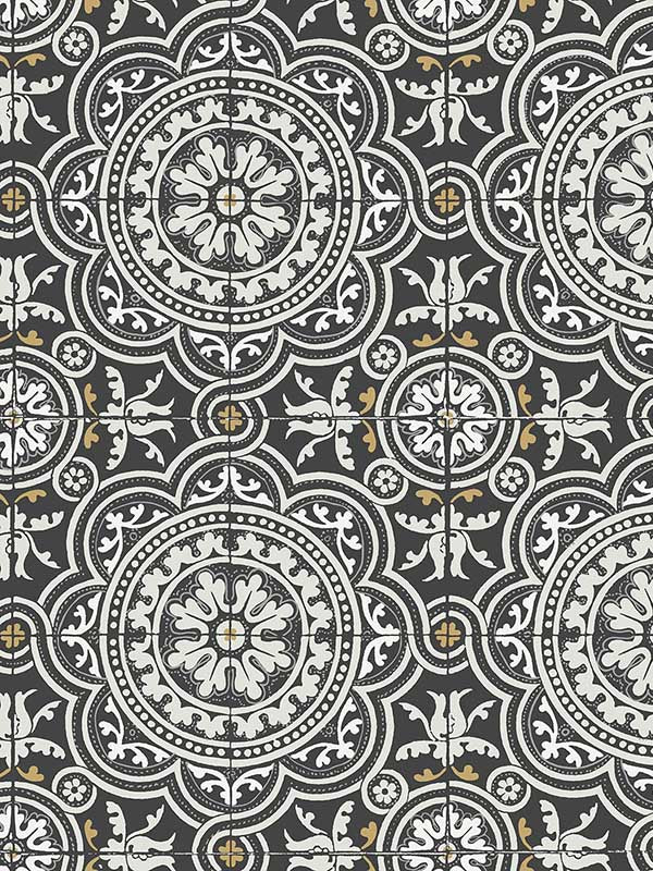 Piccadilly fabric in grey and metallic gold on black color - pattern number 117/8022.CS.0 - by Cole and Son in the Seville collection