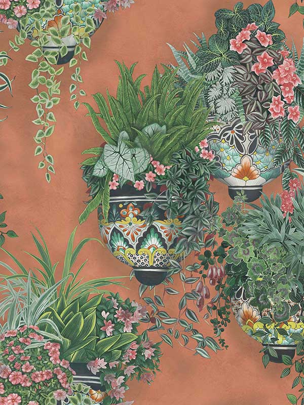 Talavera fabric in rose and spring green on terracotta color - pattern number 117/9025.CS.0 - by Cole and Son in the Seville collection