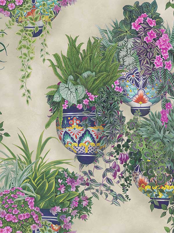 Talavera fabric in magenta and spring greens on stone color - pattern number 117/9027.CS.0 - by Cole and Son in the Seville collection