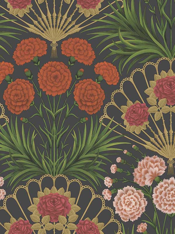 Flamenco Fan fabric in cerise dark tangerine gold black color - pattern number 117/14043.CS.0 - by Cole and Son in the Seville collection