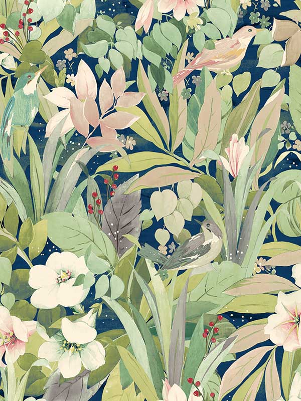 Blossoming Birds Peel and Stick fabric in fern and denim blue color - pattern number NW52502 - by NextWall in the Peel and Stick Wallpaper by Nextwall collection