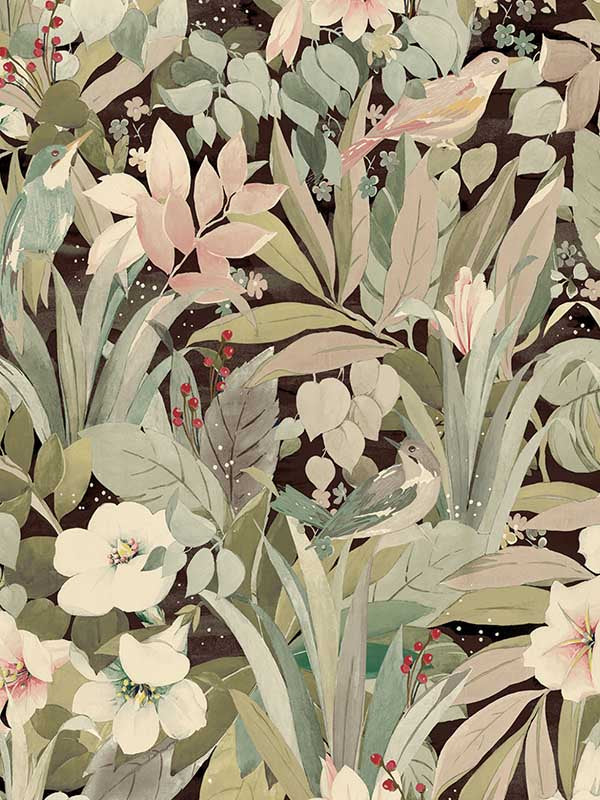 Blossoming Birds Peel and Stick wallpaper in sage and ash brown color - pattern number NW52506 - by NextWall in the Peel and Stick Wallpaper by Nextwall collection