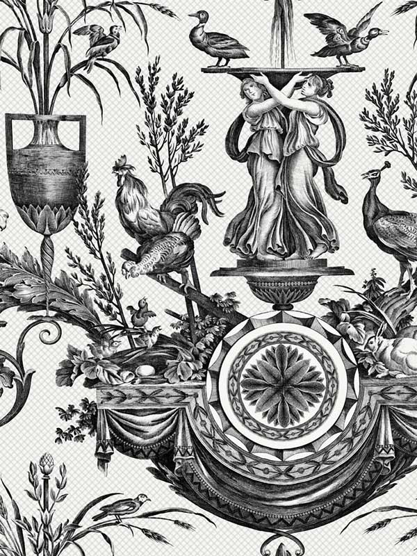 Avian Fountain Toile fabric in black color - pattern number RT7813 - by York in the Toiles Resource Library collection