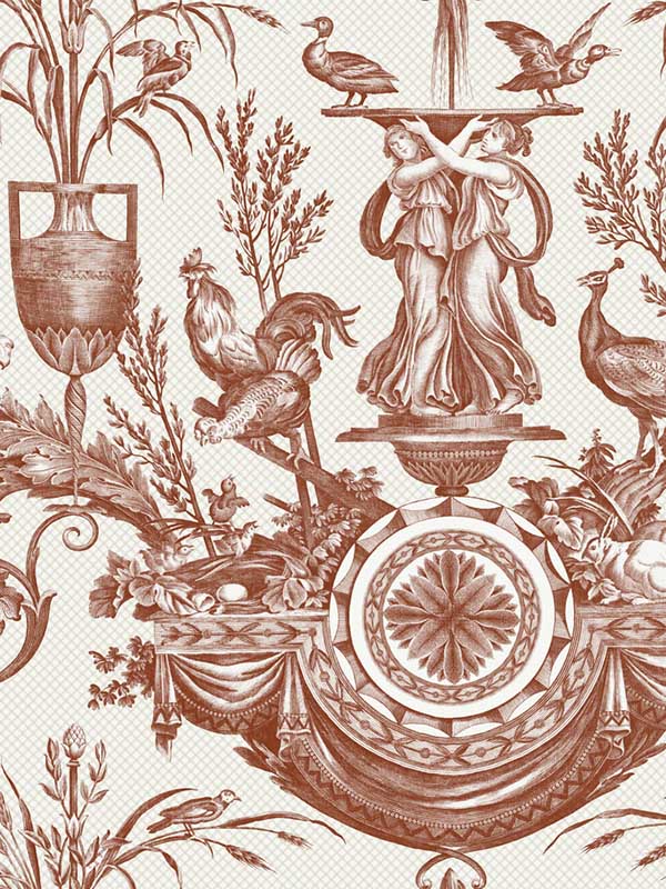 Avian Fountain Toile fabric in brick color - pattern number RT7814 - by York in the Toiles Resource Library collection