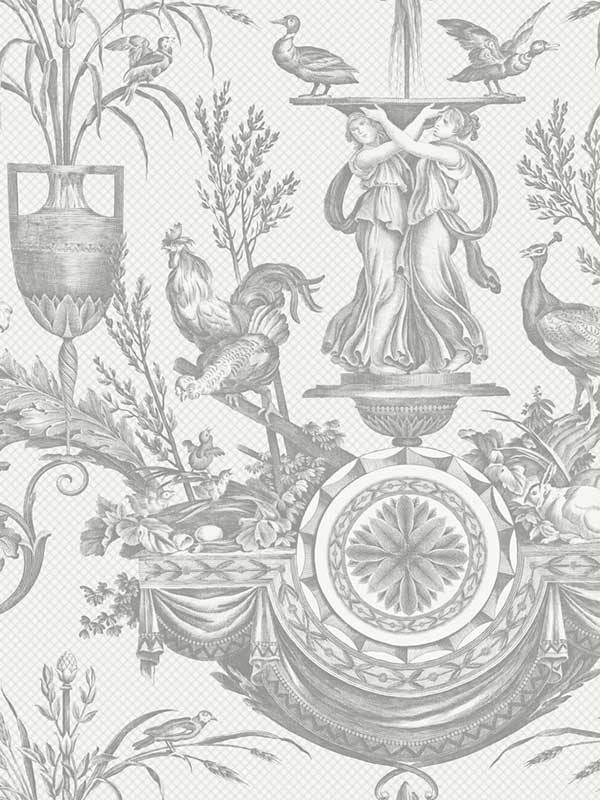 Avian Fountain Toile fabric in grey color - pattern number RT7815 - by York in the Toiles Resource Library collection