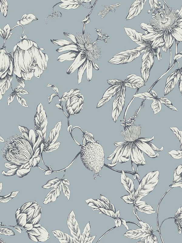 Passion Flower Toile wallpaper in sky blue color - pattern number RT7853 - by York in the Toiles Resource Library collection