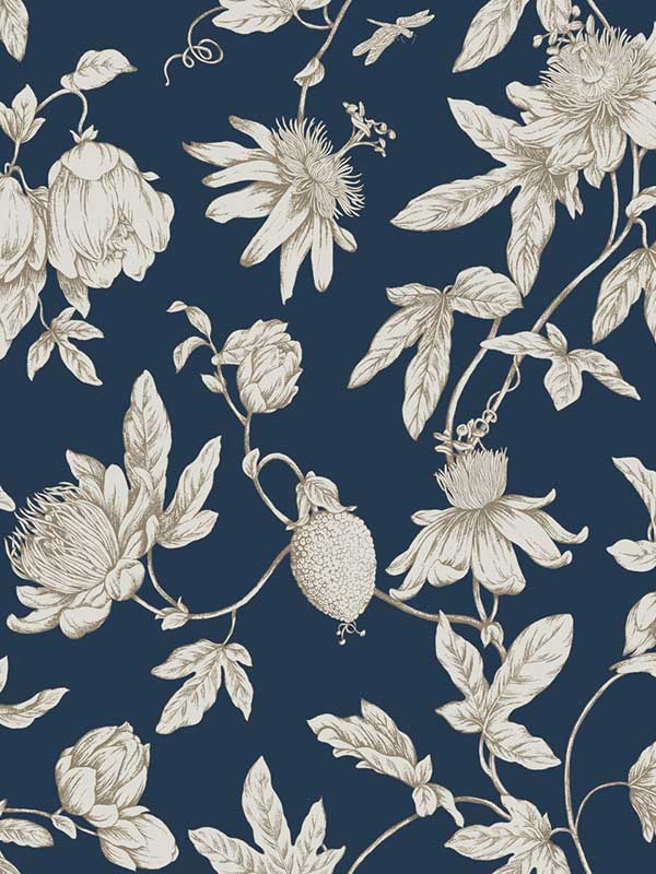 Passion Flower Toile wallpaper in navy color - pattern number RT7856 - by York in the Toiles Resource Library collection