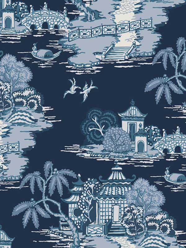 Pagoda And Sampan Scenic wallpaper in navy color - pattern number RT7901 - by York in the Toiles Resource Library collection